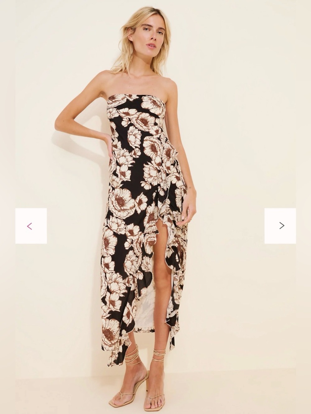 Ownley Floral Strapless Maxi Dress Size S High Slit Brown Cream Free People